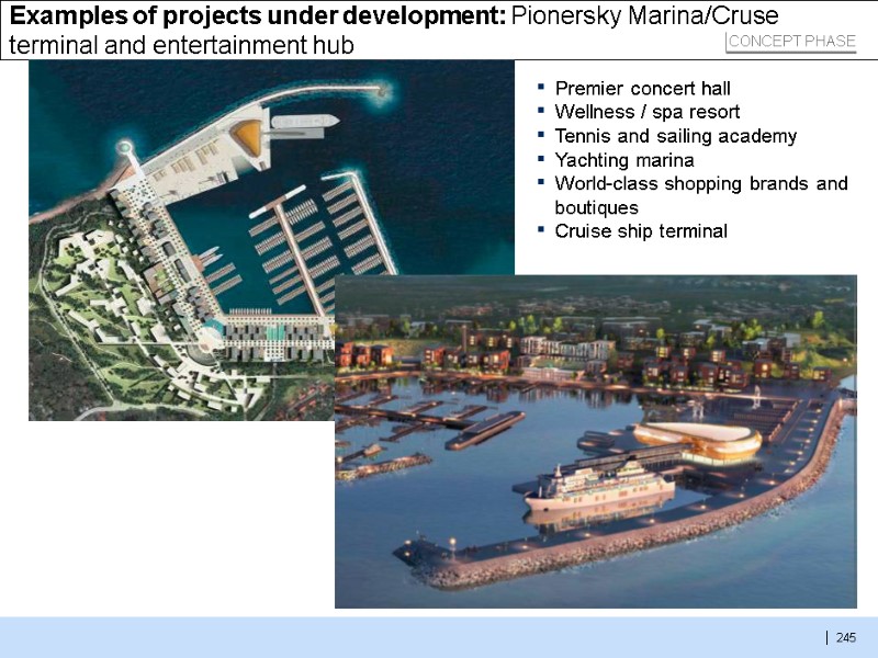 245  Examples of projects under development: Pionersky Marina/Cruse terminal and entertainment hub Premier
